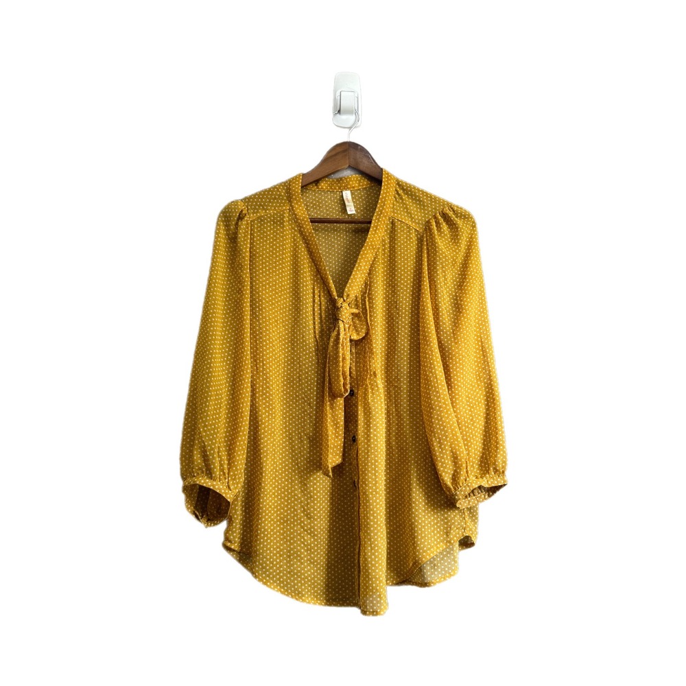 Xhilaration Blouse Womens Medium Yellow Polka Dot Excellent Tie Neck Chiffon Top